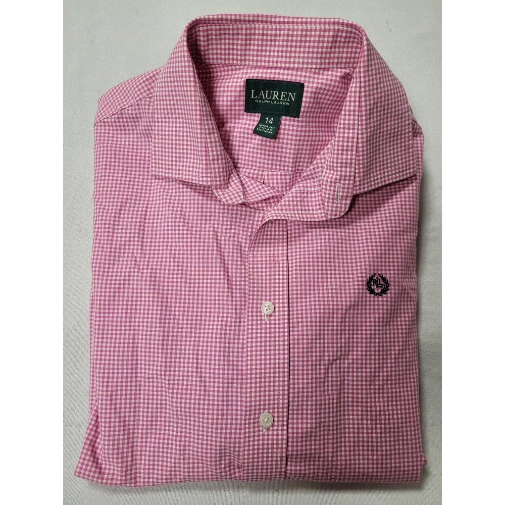 LAUREN Ralph Lauren Pink Gingham Checkered Preppy Shirt Youth Boys Size 14